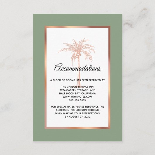 Sage Roos Gold Palm Tree Wedding Accommodations Informatiekaartje (Voorkant)