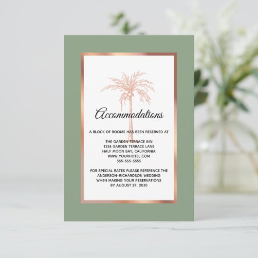 Sage Roos Gold Palm Tree Wedding Accommodations Informatiekaartje (Staand voorkant)