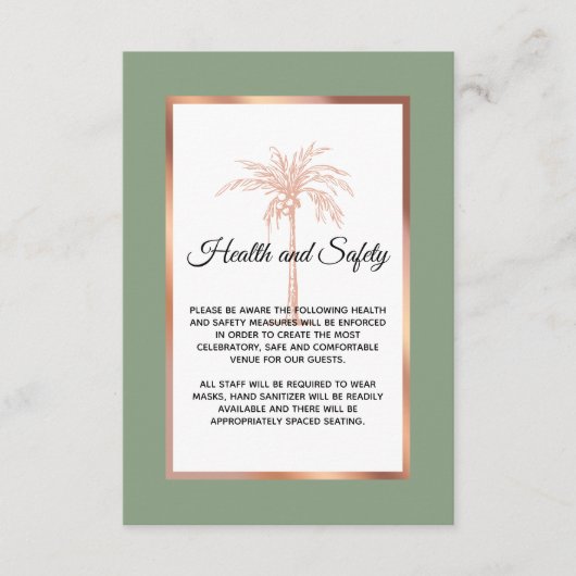 Sage Roos Gold Palm Tree Wedding Health and Safety Informatiekaartje (Voorkant)