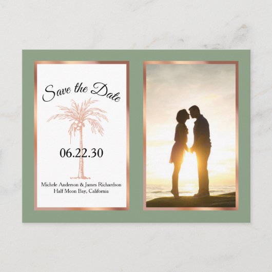Sage Roos Gold Palm Wedding Save the Date Photo Aankondigingskaart (Voorkant)