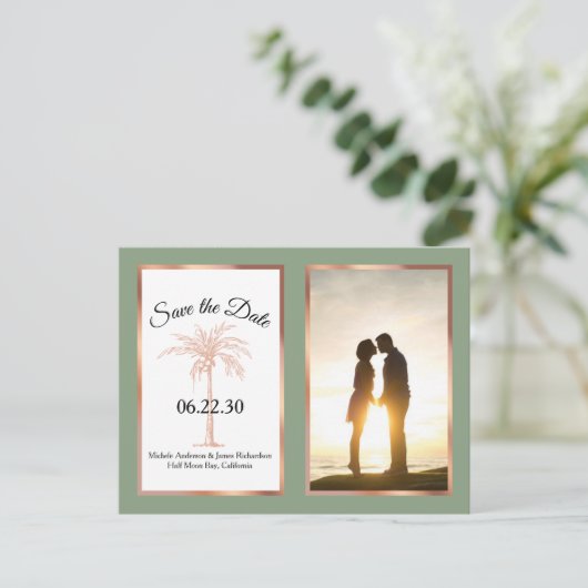 Sage Roos Gold Palm Wedding Save the Date Photo Aankondigingskaart (Staand voorkant)