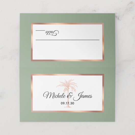 Sage Roos Goud Koper Palmboom Modern Bruiloft Plaatskaartje (Buitenkant ongevouwen)
