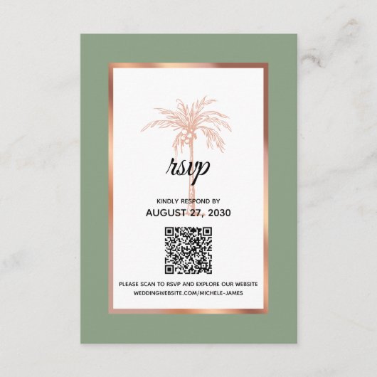 Sage Roos Goud Koperpalmboom QR Code Bruiloft RSVP Kaartje (Voorkant)
