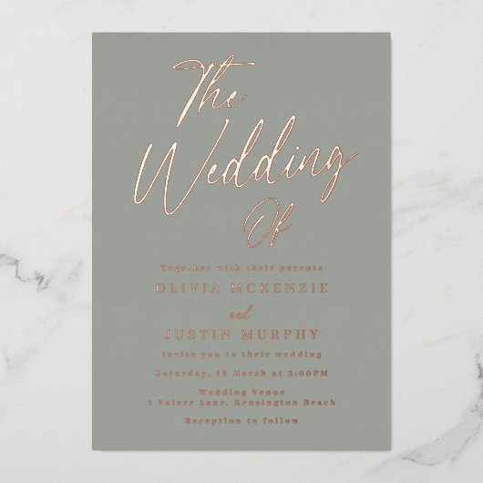 Sage & Roos Goud Moderne bruiloft Folie Uitnodiging (Voorkant)