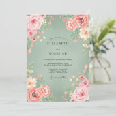 Sage Roze Bloei Bloeiende Bruiloft Kaart (Staand voorkant)