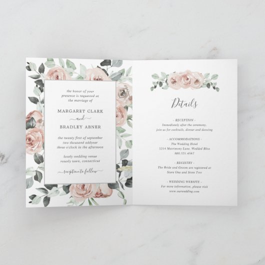 Sage Roze Bloem Stof Roze Gevouwen Trouwuitnodigin (Binnen)