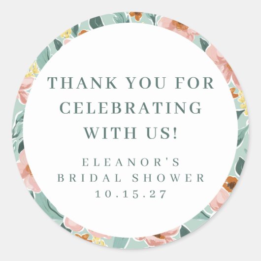 Sage Roze Bloemige Bruidsdouche Aangepaste Dankjew Ronde Sticker (Voorkant)
