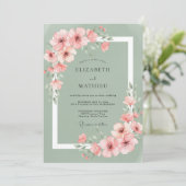Sage Roze Bloesem Romantische Bruiloft Kaart (Staand voorkant)