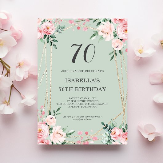 Sage | Roze Blush Floral 70th Birthday Invitation Kaart