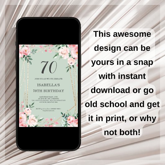 Sage | Roze Blush Floral 70th Birthday Invitation Kaart