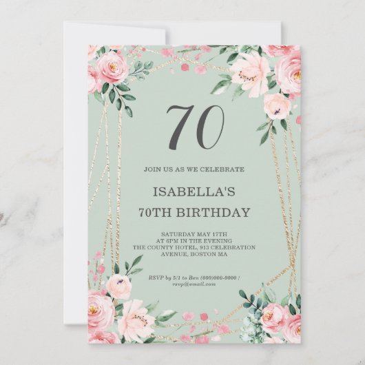 Sage | Roze Blush Floral 70th Birthday Invitation Kaart (Voorkant)