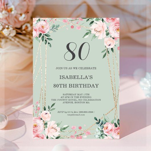 Sage | Roze Blush Floral 80th Birthday Invitation Kaart