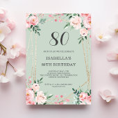 Sage | Roze Blush Floral 80th Birthday Invitation Kaart