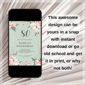 Sage | Roze Blush Floral 80th Birthday Invitation Kaart