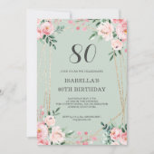 Sage | Roze Blush Floral 80th Birthday Invitation Kaart (Voorkant)