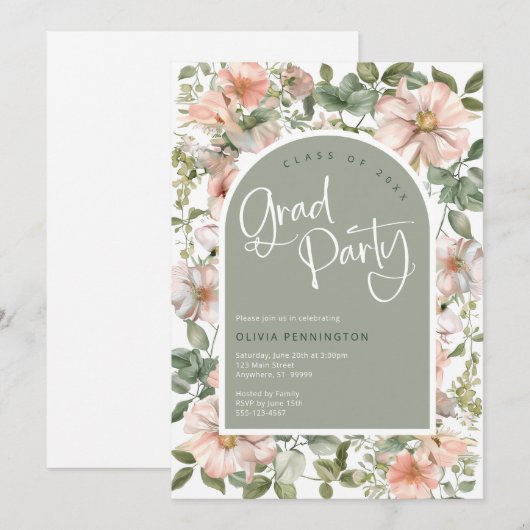 Sage Roze Blush Wildflower Afstudeerder Feestuitno Kaart (Voorkant / Achterkant)