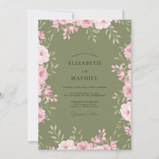 Sage Roze Waterverf Botanische Bruiloft Kaart (Voorkant)