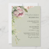 Sage & Roze Waterverf pioenen Elegante bruiloft Kaart (Voorkant)