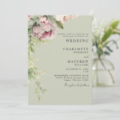 Sage & Roze Waterverf pioenen Elegante bruiloft Kaart (Staand voorkant)