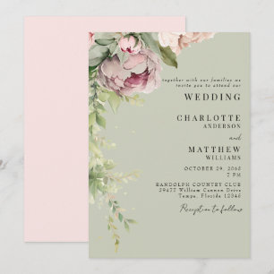 Sage & Roze Waterverf pioenen Elegante bruiloft Kaart