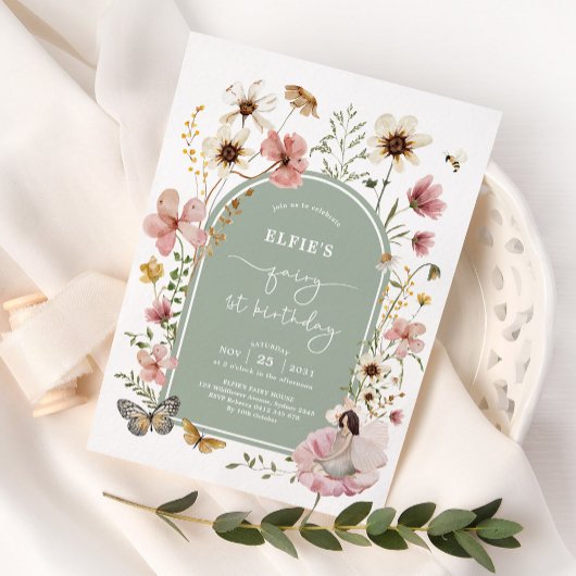 Sage Roze Wildflower Fairy 1e Verjaardagsfeest Kaart