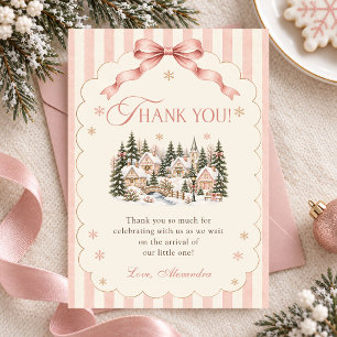 Sage Roze Winterdorp Kerst Baby Shower Bedankkaart