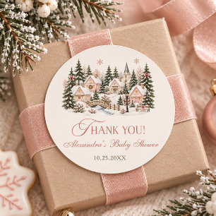 Sage Roze Winterdorp Kerst Baby Shower Ronde Sticker