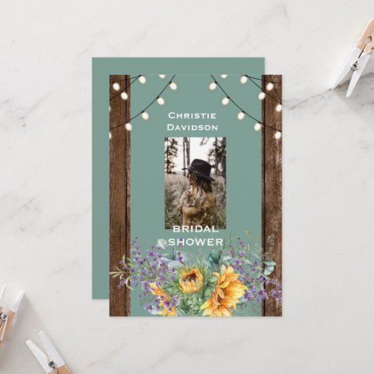Sage Rustic Sunflower Foto Licht Vrijgezellenfeest Kaart (Voorkant / Achterkant in situ)