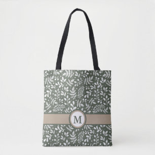 Sage Rustic Winter Botanical met Monogram Tote Bag