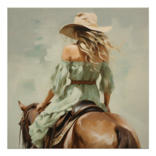 Sage Saddle: Cowgirl kunst aan de muur Perfect Poster