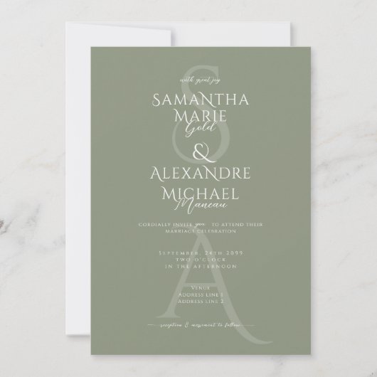 Sage Script Goddelijke Hedendaagse Monogram Bruilo Kaart (Voorkant)