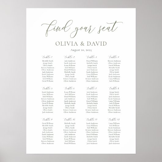 Sage Script Kleur 12 tafel Trouwstoelkaart Poster (Voorkant)