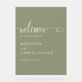 Sage Script Modern Minimal Wedding Welkom Acryl Bord (Voorkant)