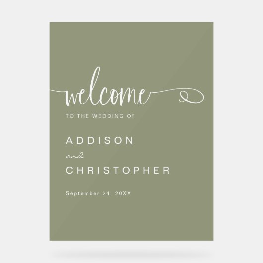 Sage Script Modern Minimal Wedding Welkom Acryl Bord (Voorkant)