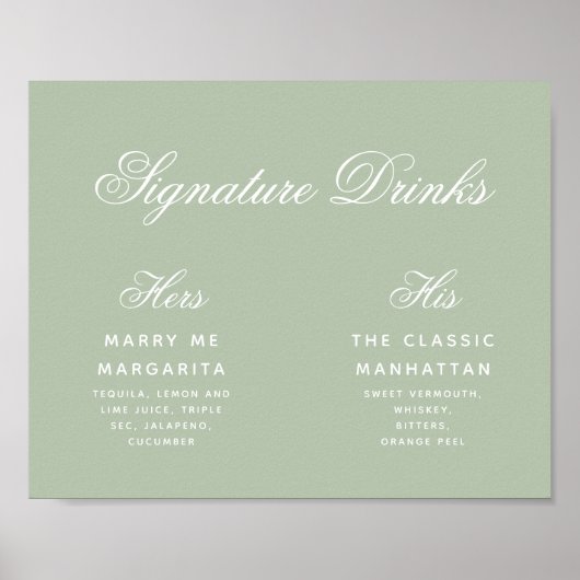 Sage Signature Drinken Green Wedding Sign Poster (Voorkant)