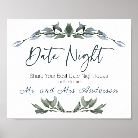 Sage Silver Green Floral Date Night Sign Poster (Voorkant)