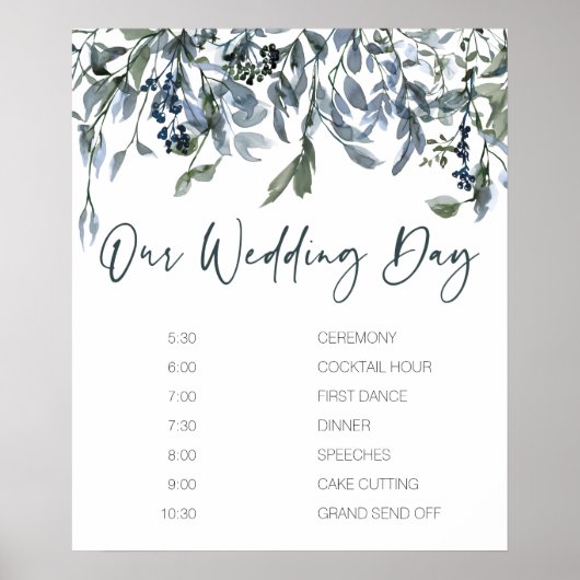 Sage Silver Green Floral Wedding Schedule Poster (Voorkant)