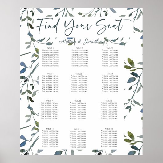 Sage Silver Green Floral Wedding Seating Chart Poster (Voorkant)