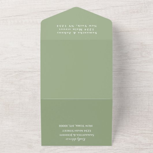 Sage Simple Elegant Script Green Wedding All In One Uitnodiging (Buitenkant)