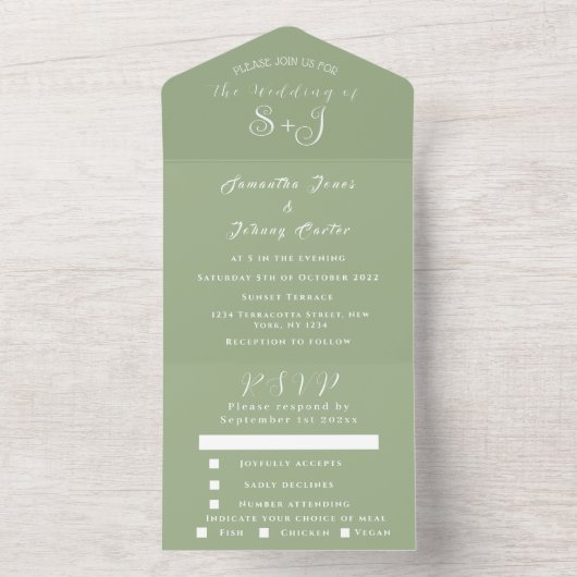 Sage Simple Elegant Script Green Wedding All In One Uitnodiging (Binnen)