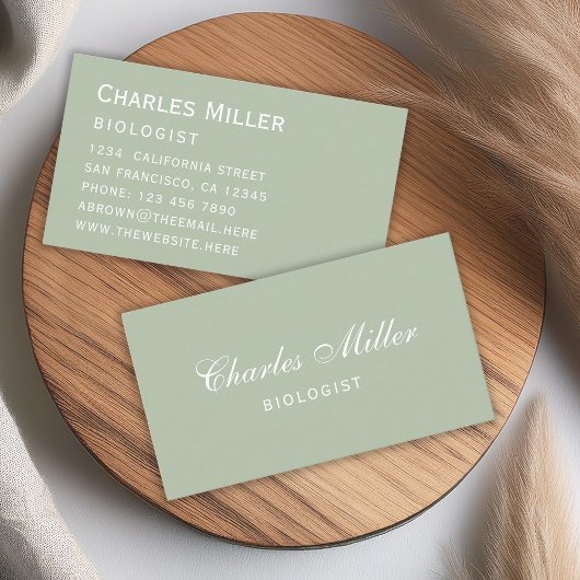 Sage Simple Green White Elegant Script Visitekaartje