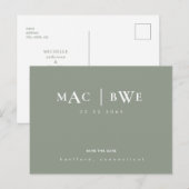 Sage Simple & Strak Monogram Save the Date Briefkaart (Voorkant / Achterkant)