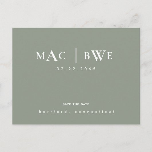 Sage Simple & Strak Monogram Save the Date Briefkaart (Voorkant)