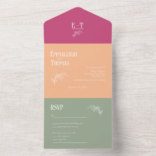 Sage Sinaasappel & Fuschia Roze Eenvoudige Moderne All In One Uitnodiging (Binnen)