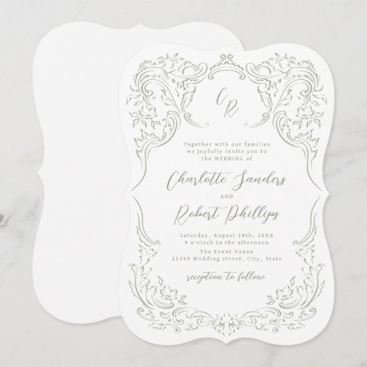 Sage Sketched  Flourish Monogram Huwelijk Kaart (Voorkant / Achterkant)