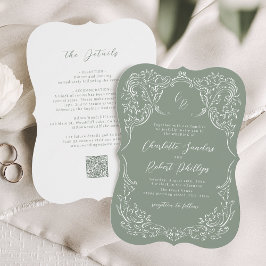 Sage Sketched  Flourish Monogram Huwelijk Kaart