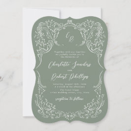 Sage Sketched Flourish Monogram Huwelijk Kaart