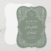 Sage Sketched  Flourish Monogram Huwelijk Save The Date (Voorkant / Achterkant)