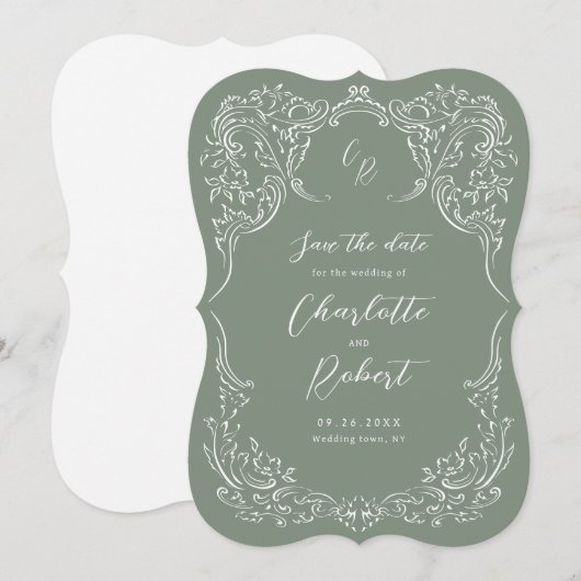 Sage Sketched  Flourish Monogram Huwelijk Save The Date (Voorkant / Achterkant)