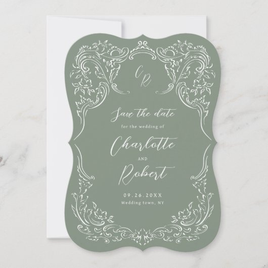 Sage Sketched  Flourish Monogram Huwelijk Save The Date (Voorkant)